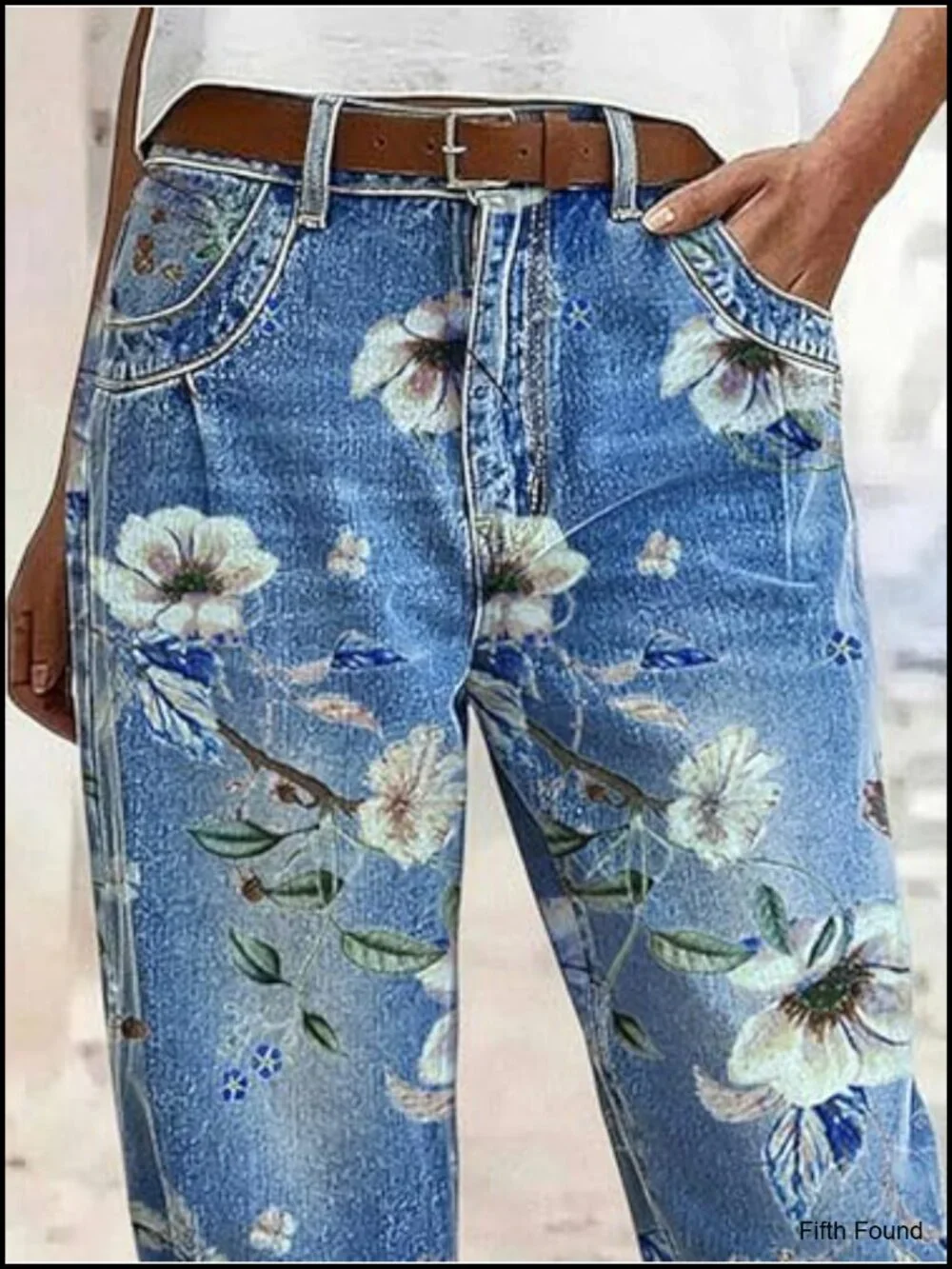 High Waist Straight Leg Capri Jeans with Floral Pattern Stitch Detail